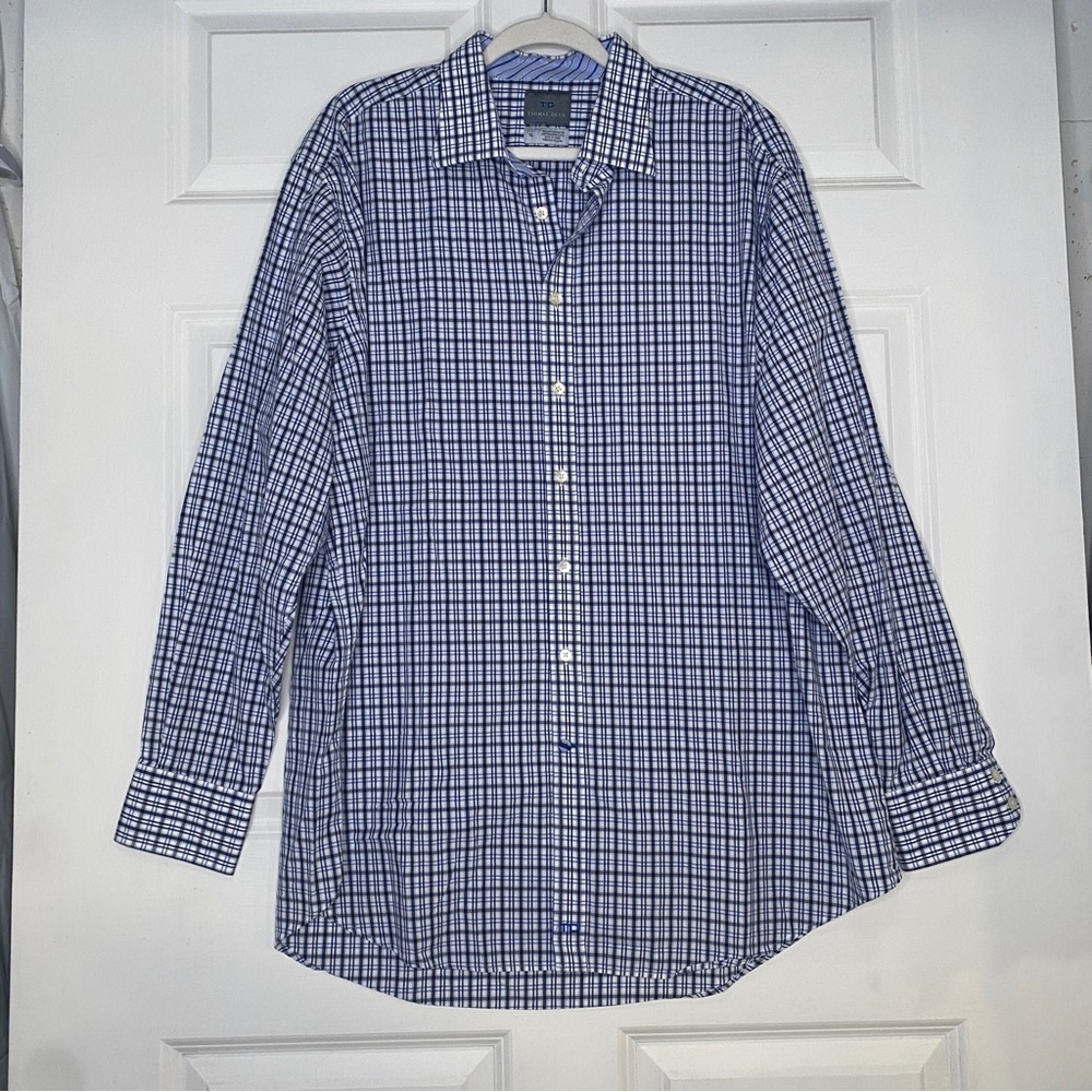 TD Thomas Dean Blue White Plaid Long Sleeve Button Front Dress Shirt Size 18L